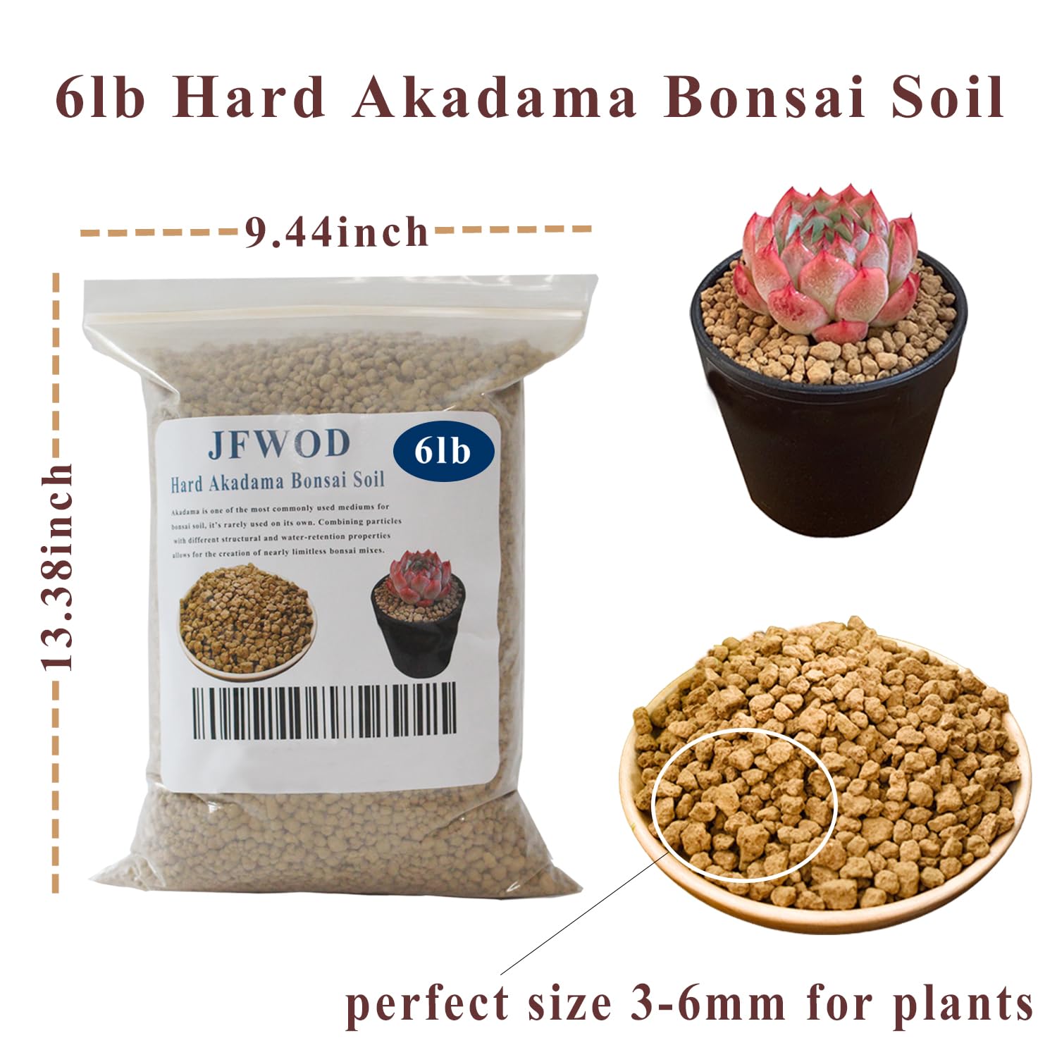 JFWOD Akadama 3-6mm dry grains close-up for drainage.