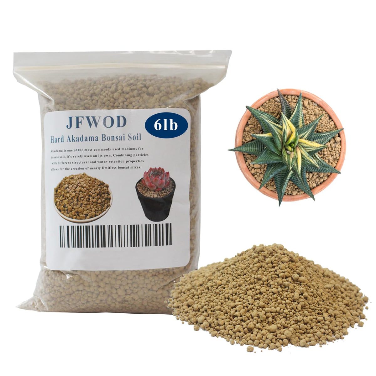 JFWOD Bonsai Akadama 3-6mm small grains in a bag for versatile soil mixes.