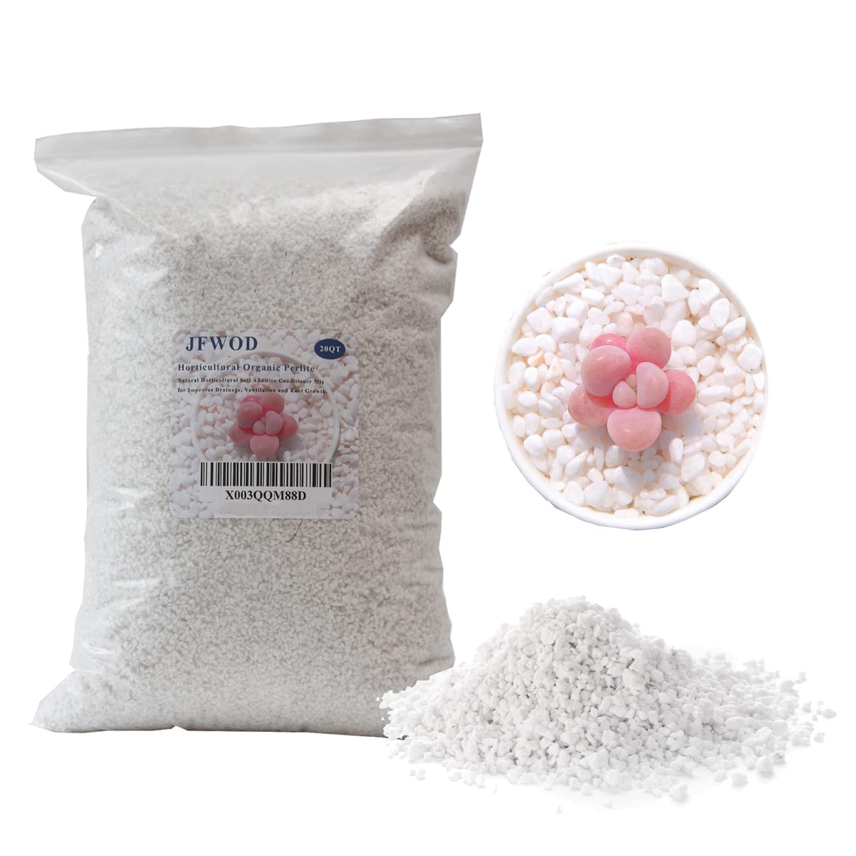 JFWOD Organic Perlite 20qt bag close-up showing lightweight porous granules for better drainage.