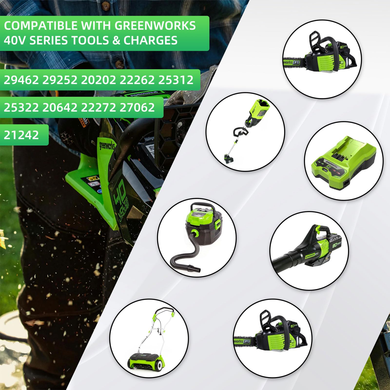 JGTM label confirms Greenworks compatibility with BAF704 and BAF725 models.