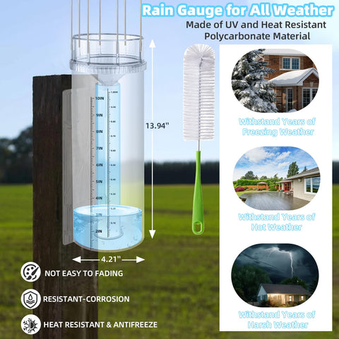 JIANBENKJ rain gauge showing 11-inch capacity for all-season rainfall measurement.