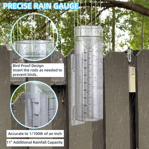 JIANBENKJ rain gauge inner measuring tube displaying 0.01 inch accuracy.