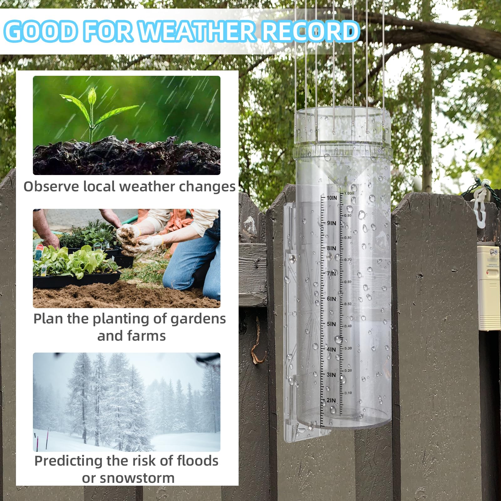 JIANBENKJ rain gauge made of UV-resistant polycarbonate for outdoor durability.
