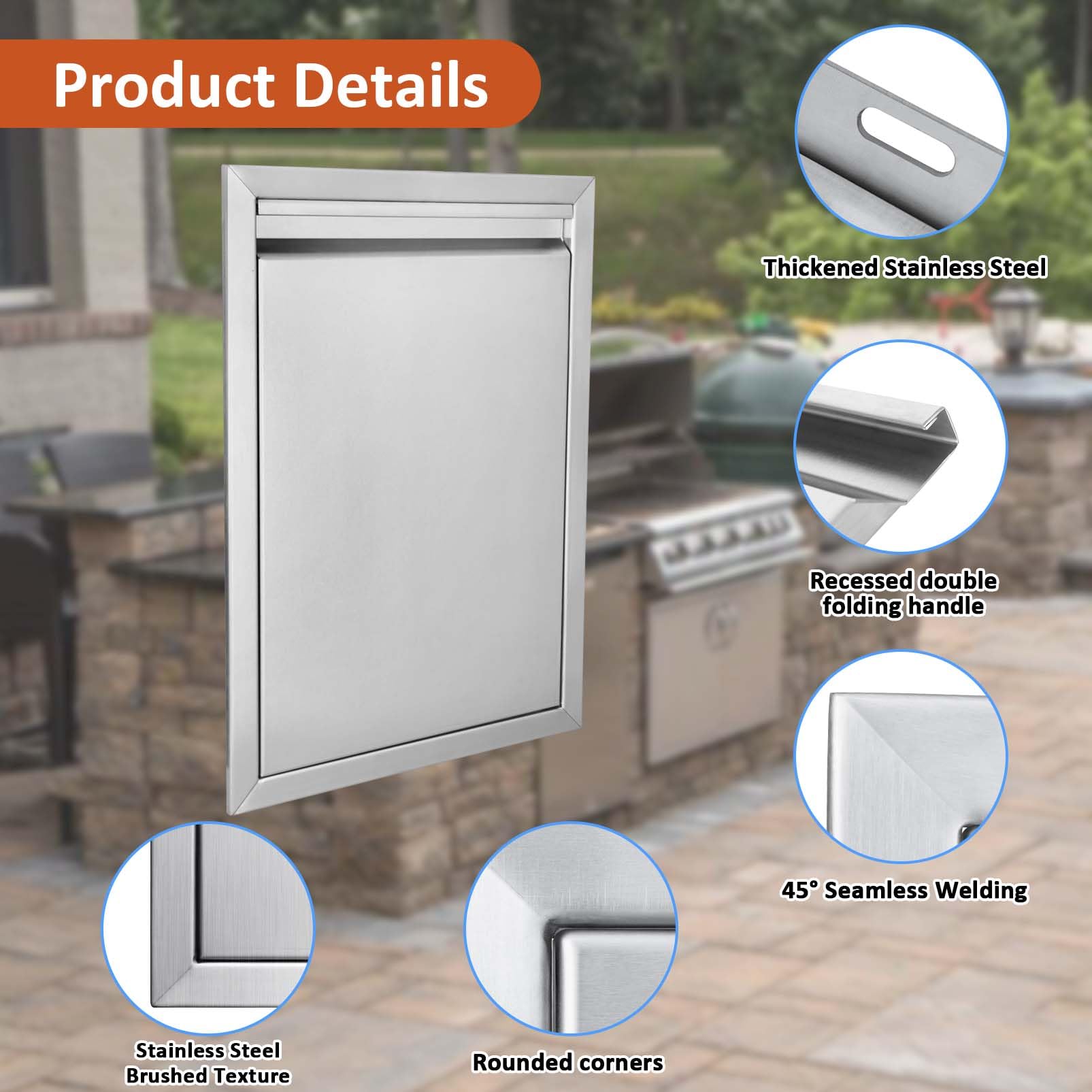 Recessed handle detail on JIE JIN BBQ access door for smooth operation.