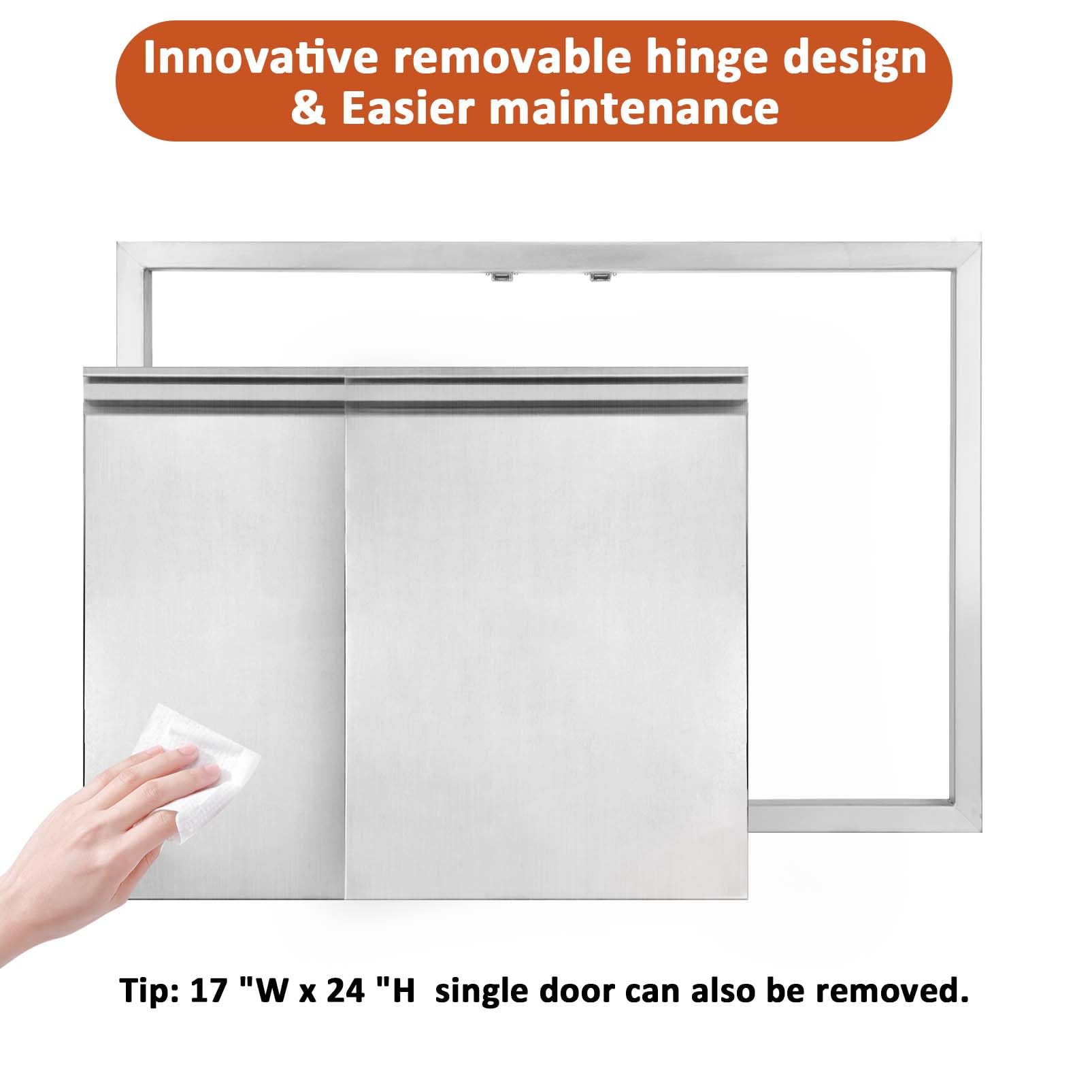 Detachable door aids cleaning and storage in outdoor spaces.
