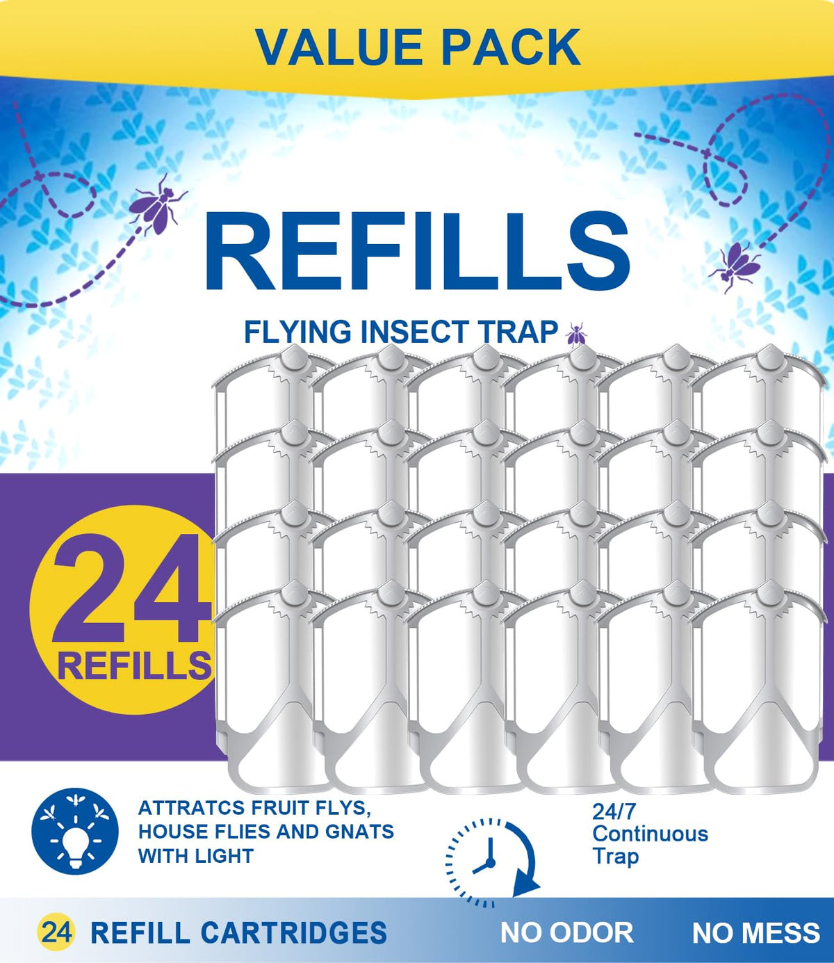 Jiermadun 24-pack refill cartridges installed in a plug-in light trap for 24/7 attraction.