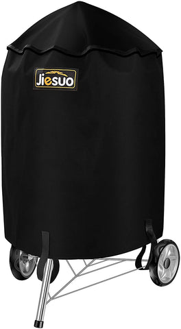 JIESUO 18-inch grill cover fitted on Weber charcoal kettle, protecting from rain and wind