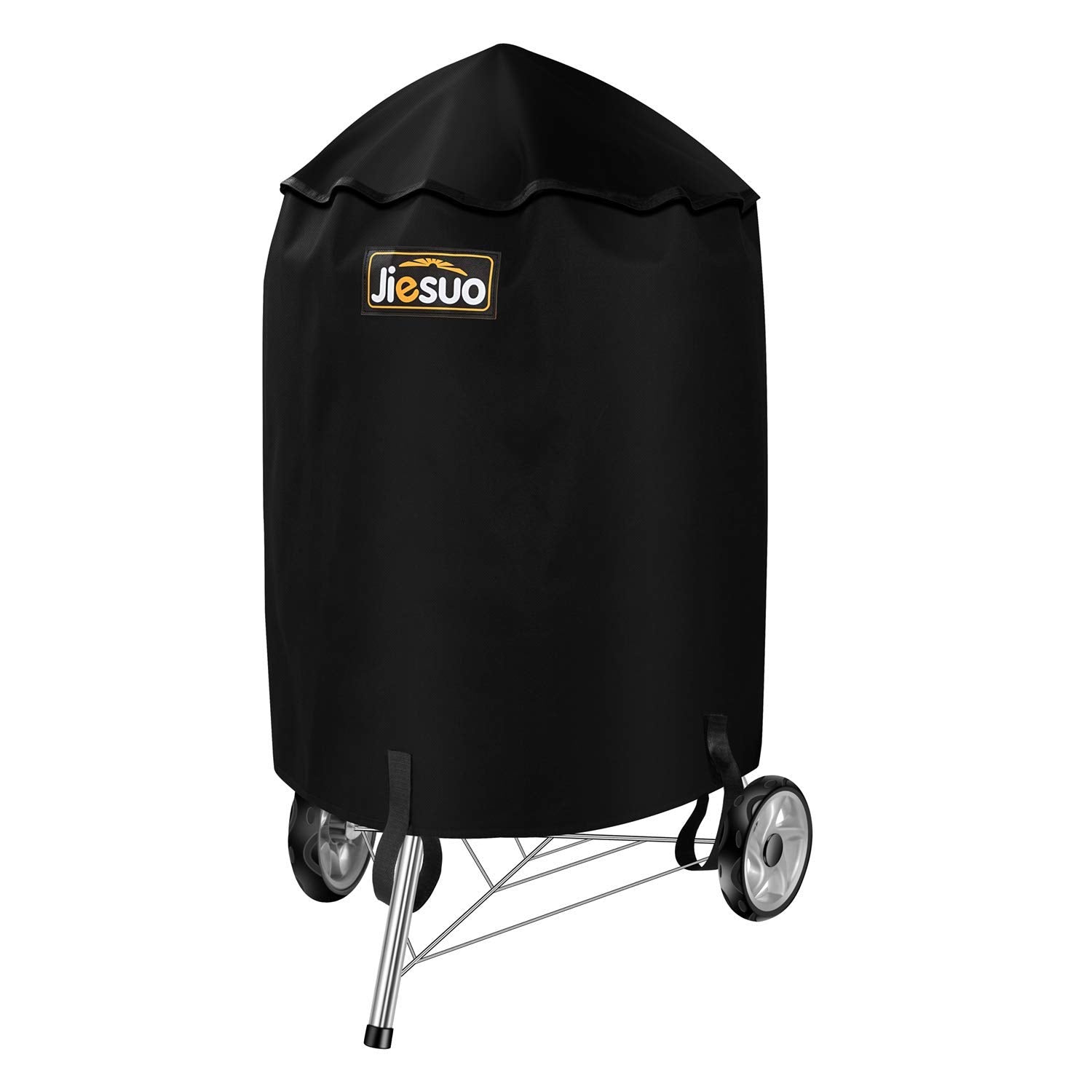Jiesuo grill cover on Weber 22-inch charcoal kettle providing full weather protection.