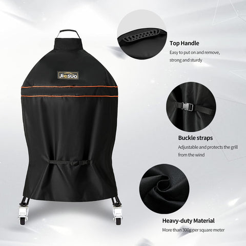 Jiesuo cover with buckle straps keeps grill lid in place during windy weather.