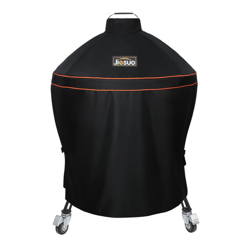 JIESUO grill cover for Kamado Big Joe 24-inch shields against rain and sun.