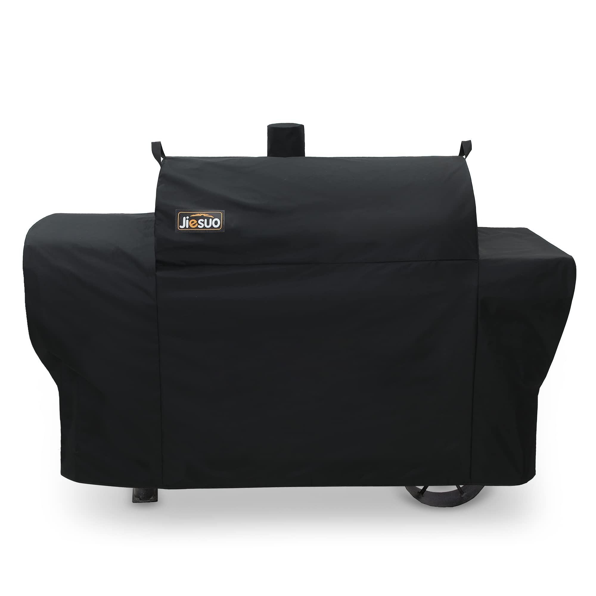 JIESUO grill cover on Oklahoma Joe's Longhorn for weatherproof outdoor cooking protection.