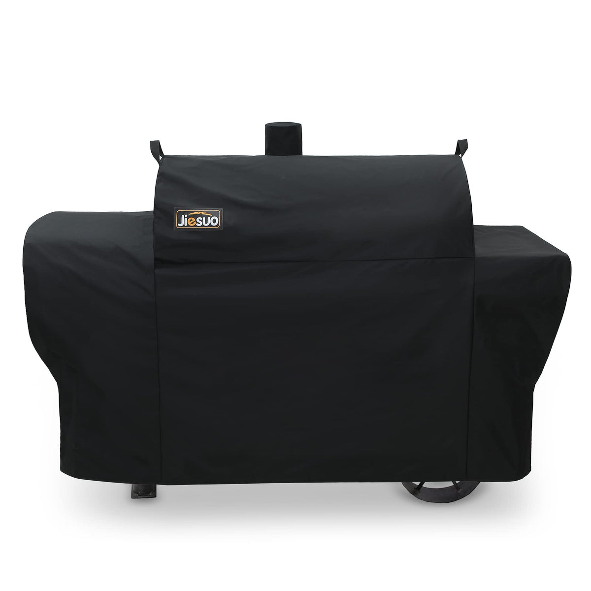 JIESUO grill cover on Oklahoma Joe's Longhorn for weatherproof outdoor cooking protection.