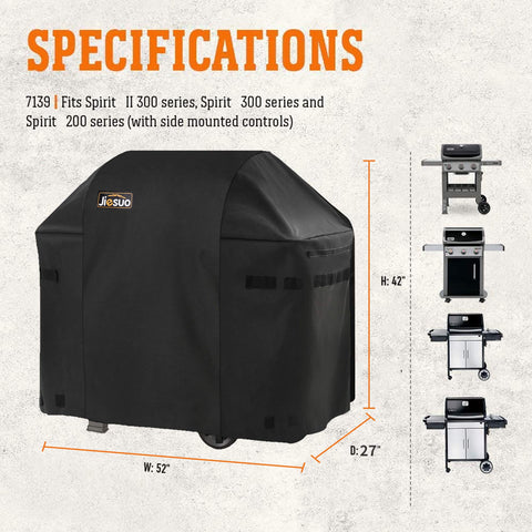 JIESUO grill cover for Weber Spirit 310, side view, shields controls from wind and rain.