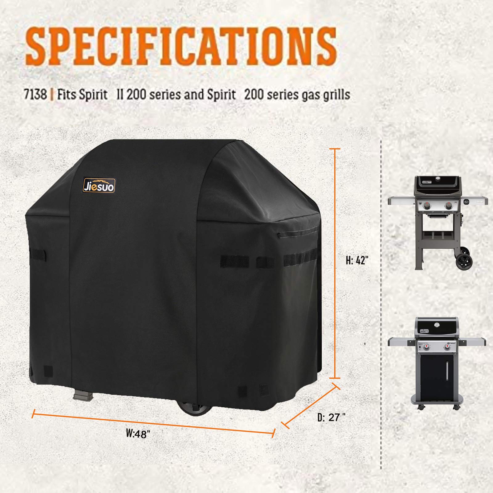 JIESUO heavy-duty grill cover shields Weber Spirit II 210 from rain.