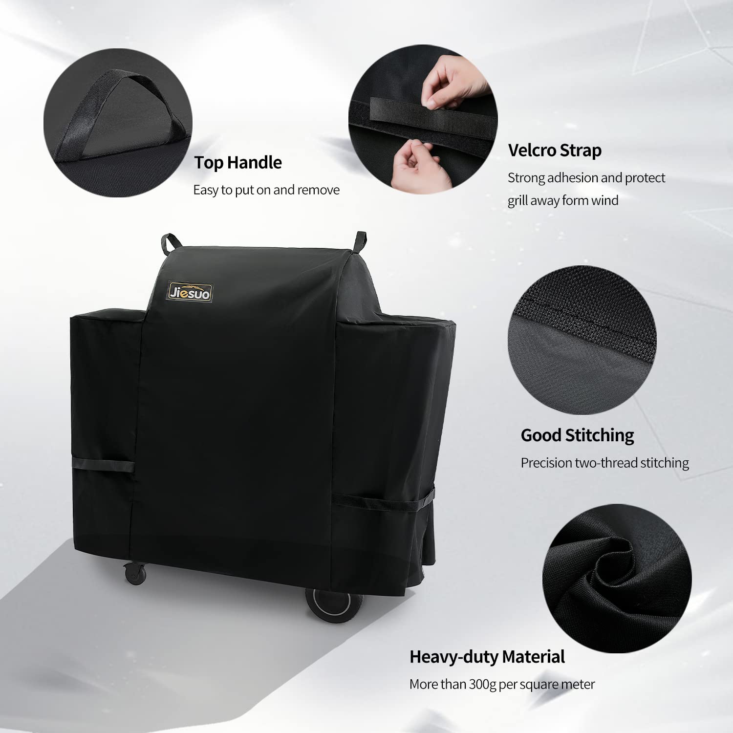 Jiesuo Traeger Ironwood 650 cover features Velcro straps for wind resistance