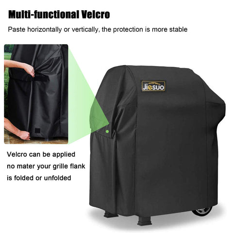 JIESUO grill cover with Velcro straps stabilizes the grill during windy days.