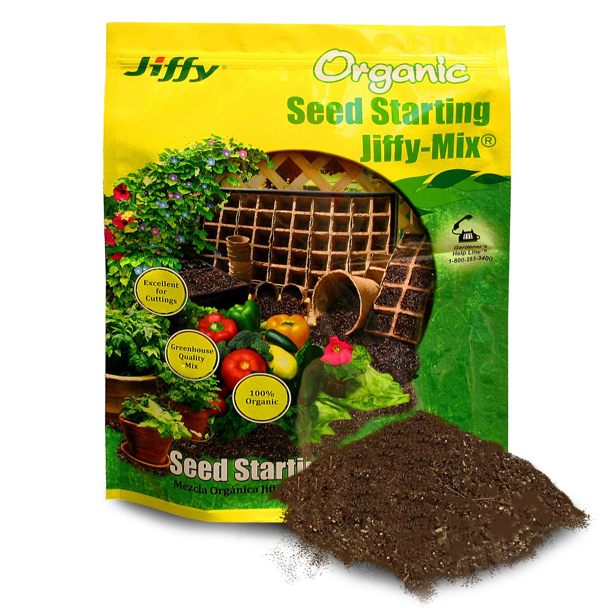 Jiffy seed starting mix bag front, premium blend for healthy germination
