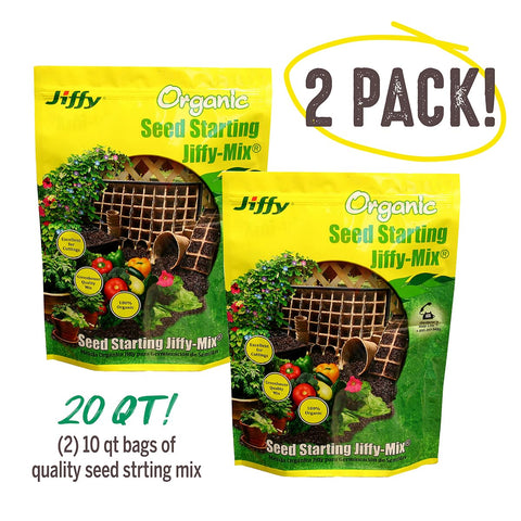 Jiffy seed starting mix bag label closeup shows peat, vermiculite, lime