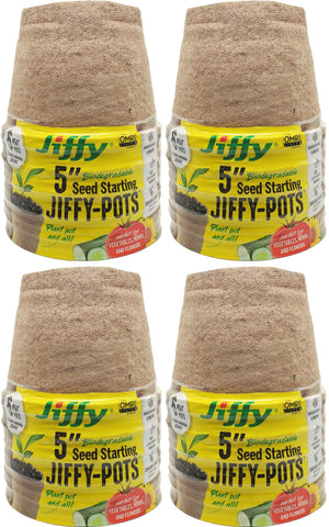 Jiffy seed starting pots 5-inch biodegradable, ideal for easy transplanting.