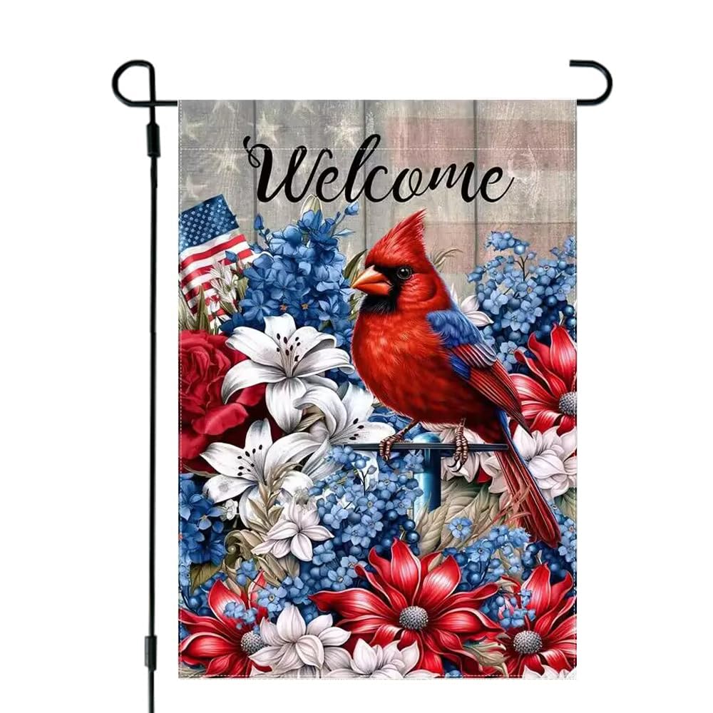 JIGINOFV 4th of July garden flag front view with cardinal floral design.