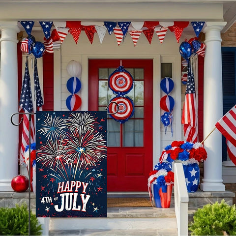 JIGINOFV burlap flag displays bright fireworks on both sides for yard charm.