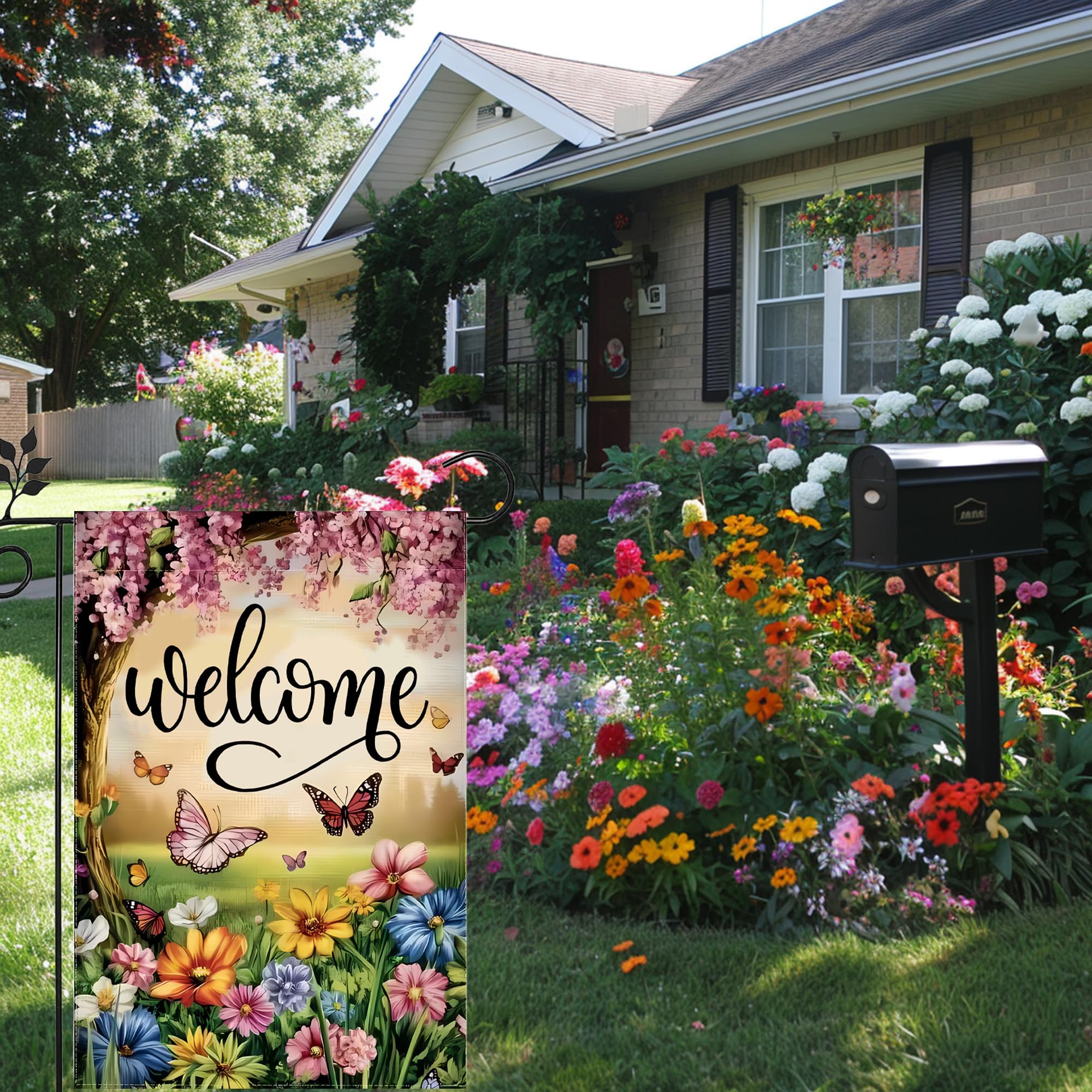 JIGINOFV double-sided burlap flag, colorful from both sides for flexible viewing.