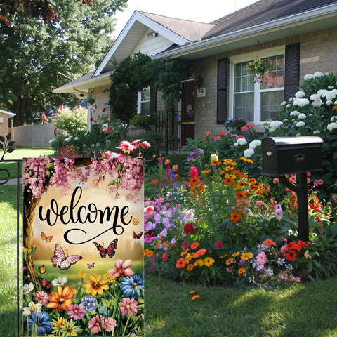 JIGINOFV double-sided burlap flag, colorful from both sides for flexible viewing.