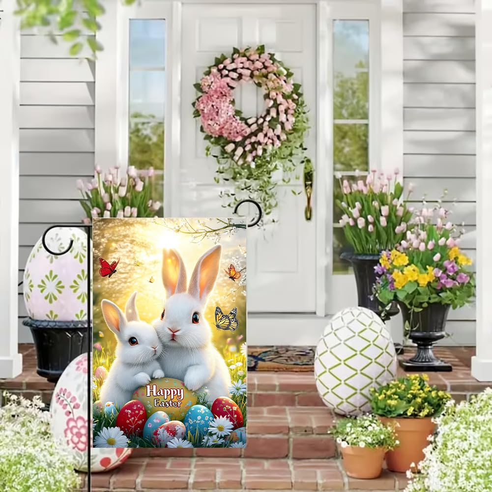 JIGINOFV burlap Easter flag with rabbits for cozy garden decor.