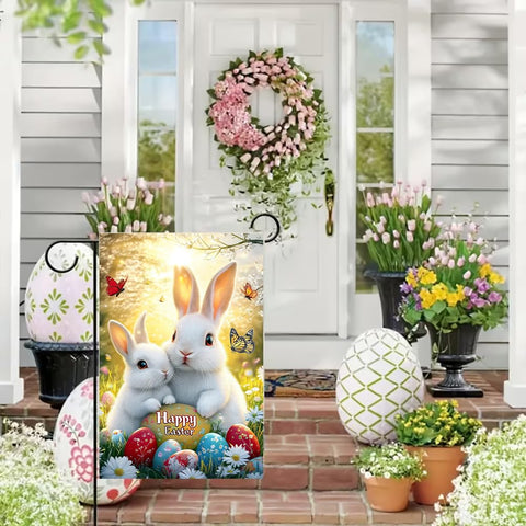 JIGINOFV burlap Easter flag with rabbits for cozy garden decor.
