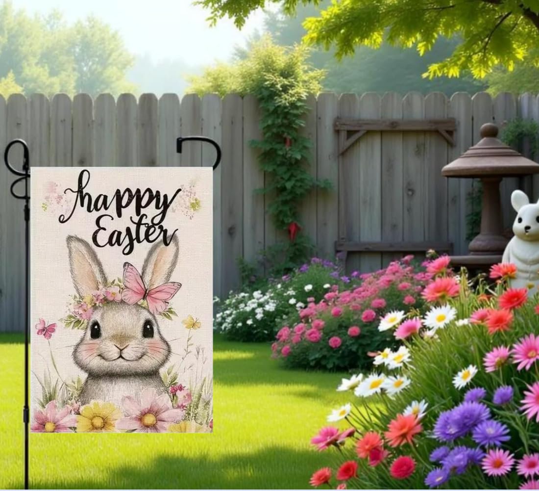 JIGINOFV Easter garden flag floral rabbit design welcomes guests.