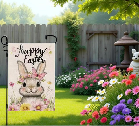 JIGINOFV Easter garden flag floral rabbit design welcomes guests.