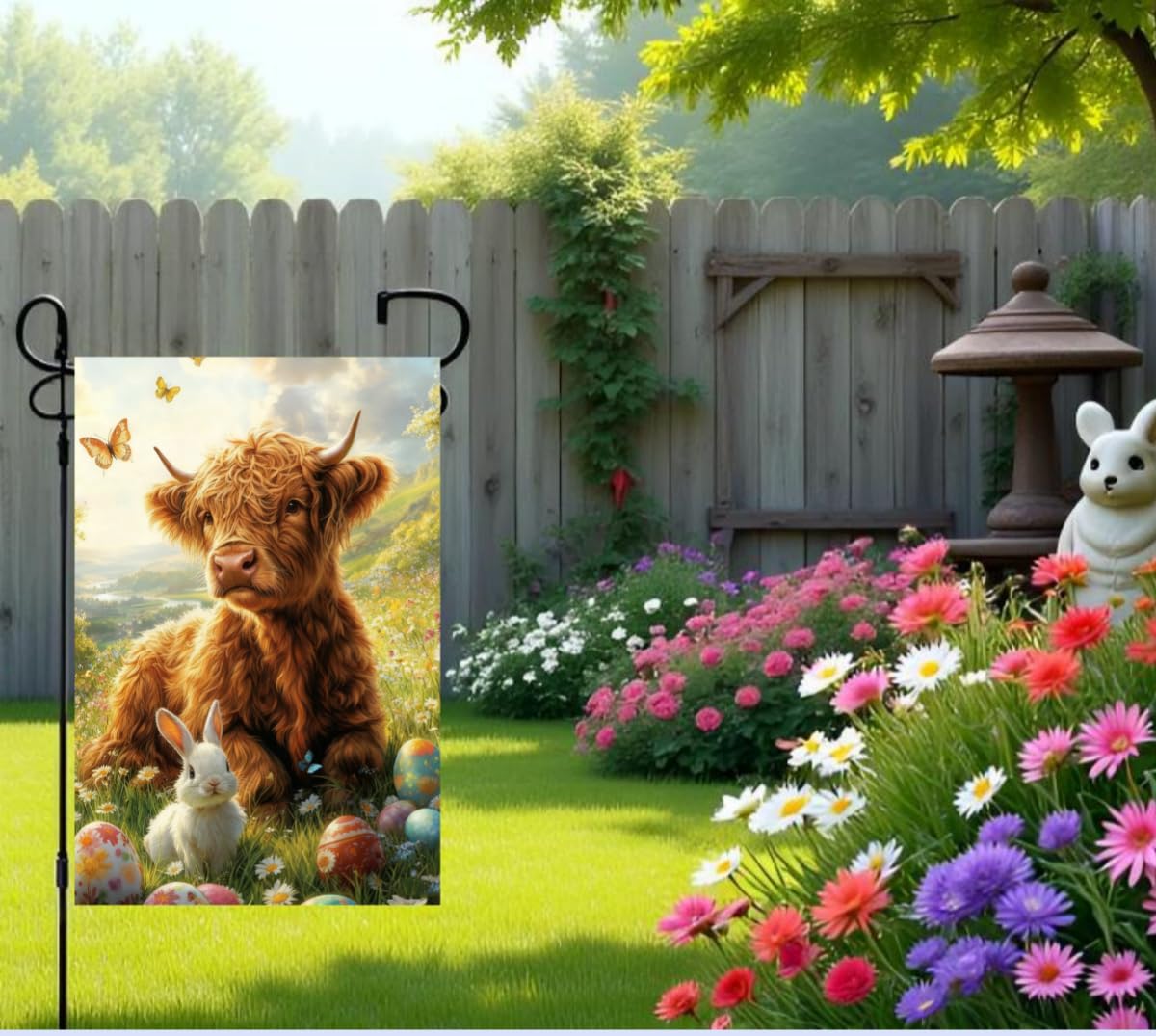 JIGINOFV porch decor Easter flag brightens entry with playful highland cow motif.