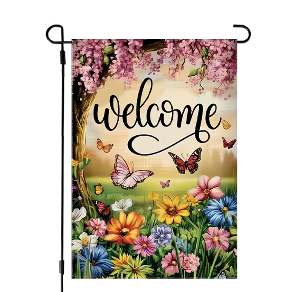 JIGINOFV spring garden flag with butterfly and blooms, adds vibrant outdoor curb appeal.