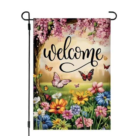 JIGINOFV spring garden flag with butterfly and blooms, adds vibrant outdoor curb appeal.