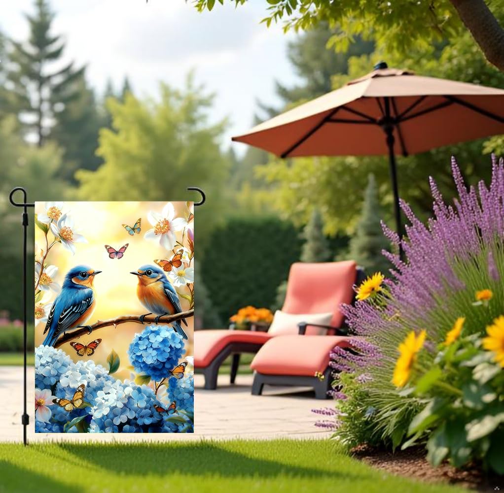 JIGINOFV two-birds floral flag shows cheerful garden birds and blooms