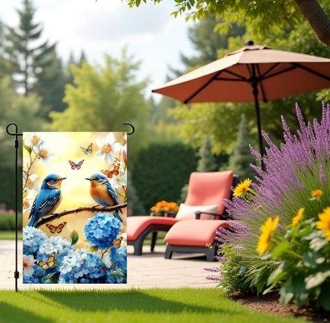 JIGINOFV two-birds floral flag shows cheerful garden birds and blooms