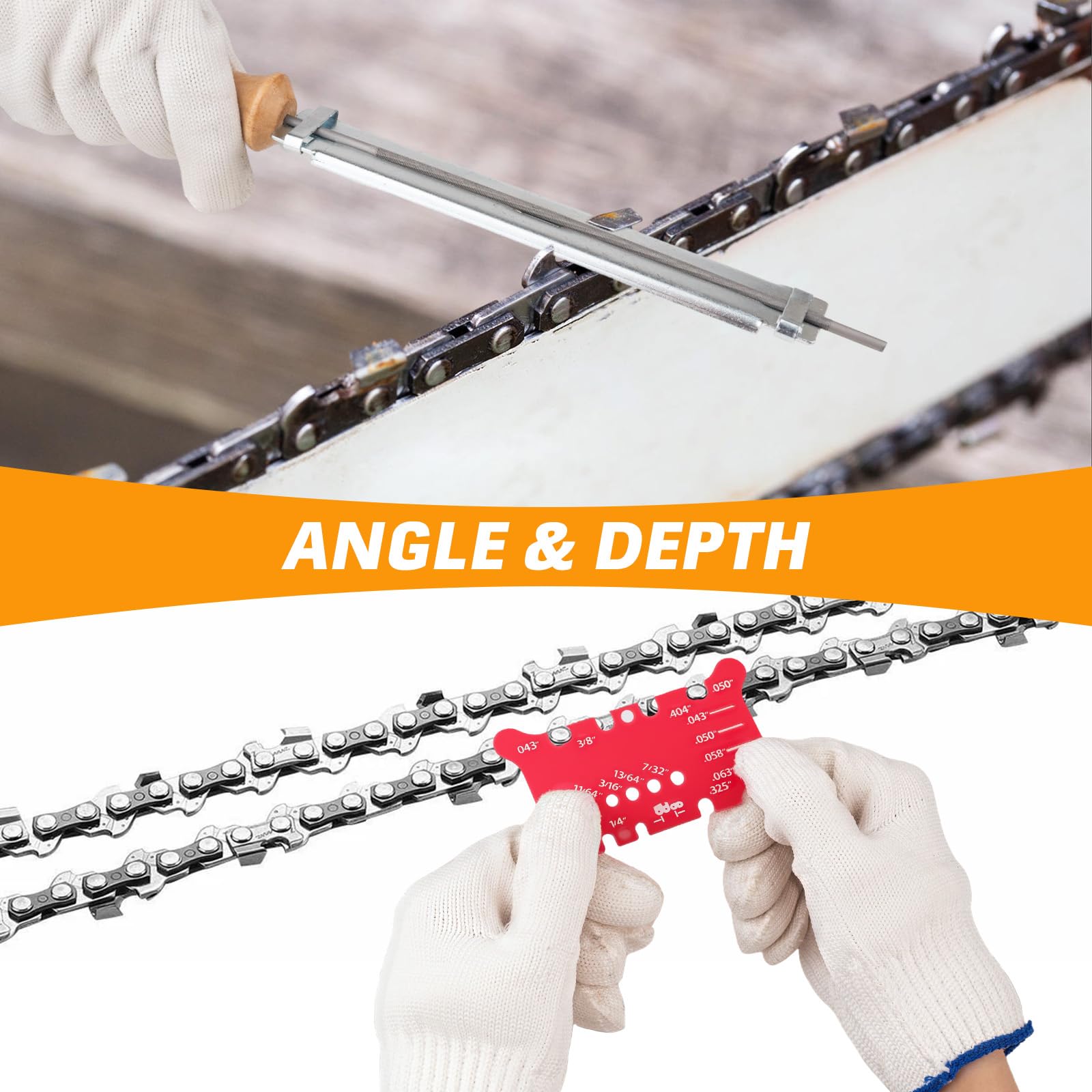 Depth gauge reading aids precise chain angle and tension checks.