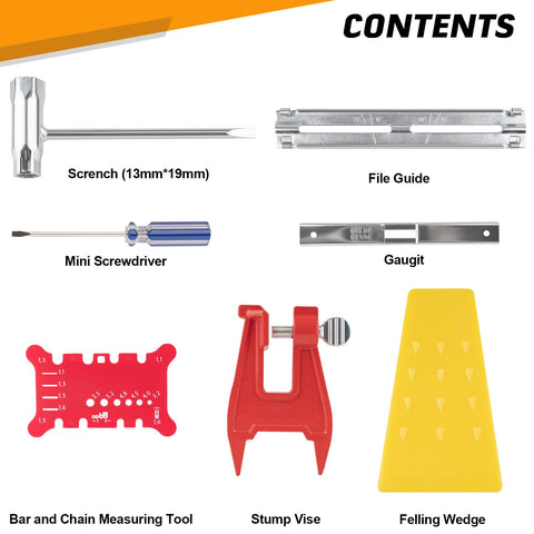 Close-up of files and depth gauge highlights accurate angle settings for safer cuts.