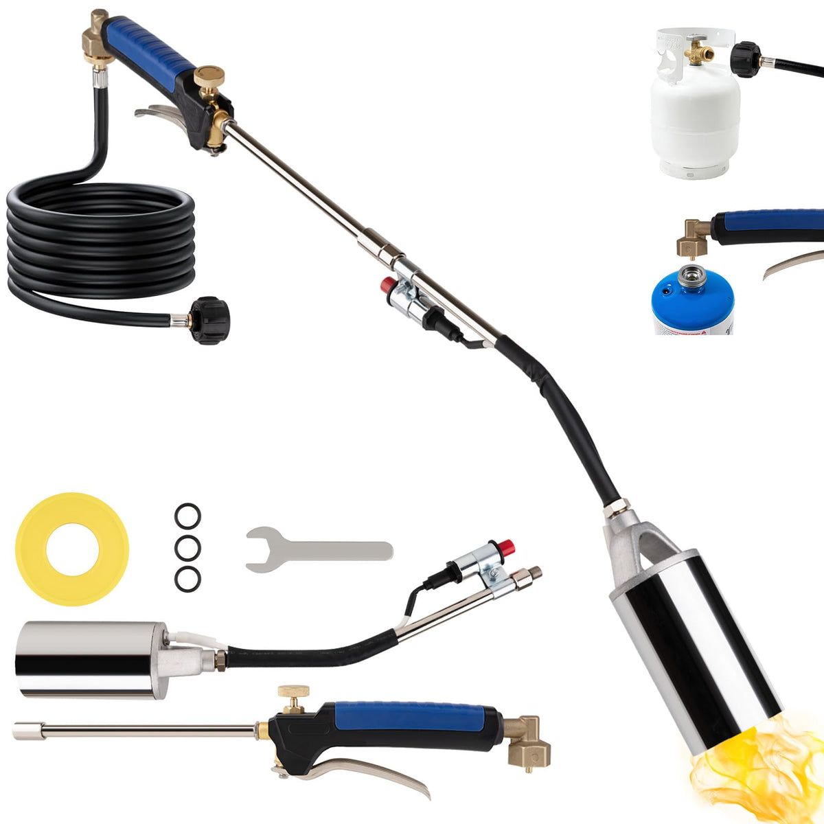 Jiimee propane torch with broad flame nozzle for efficient outdoor weed burning.
