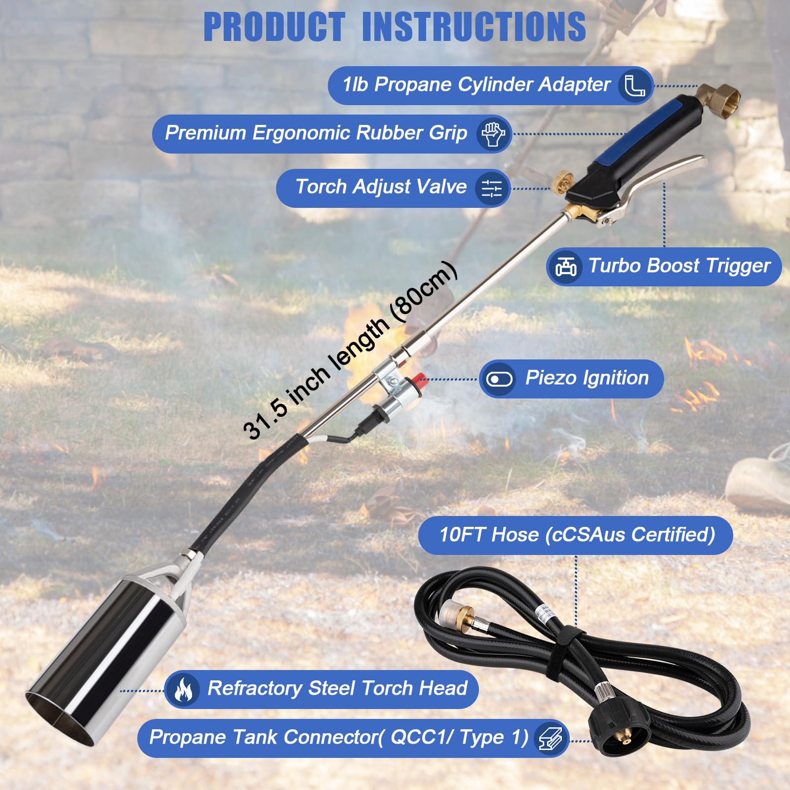 Jiimee propane torch setup shows 10ft hose and simple tank connection.