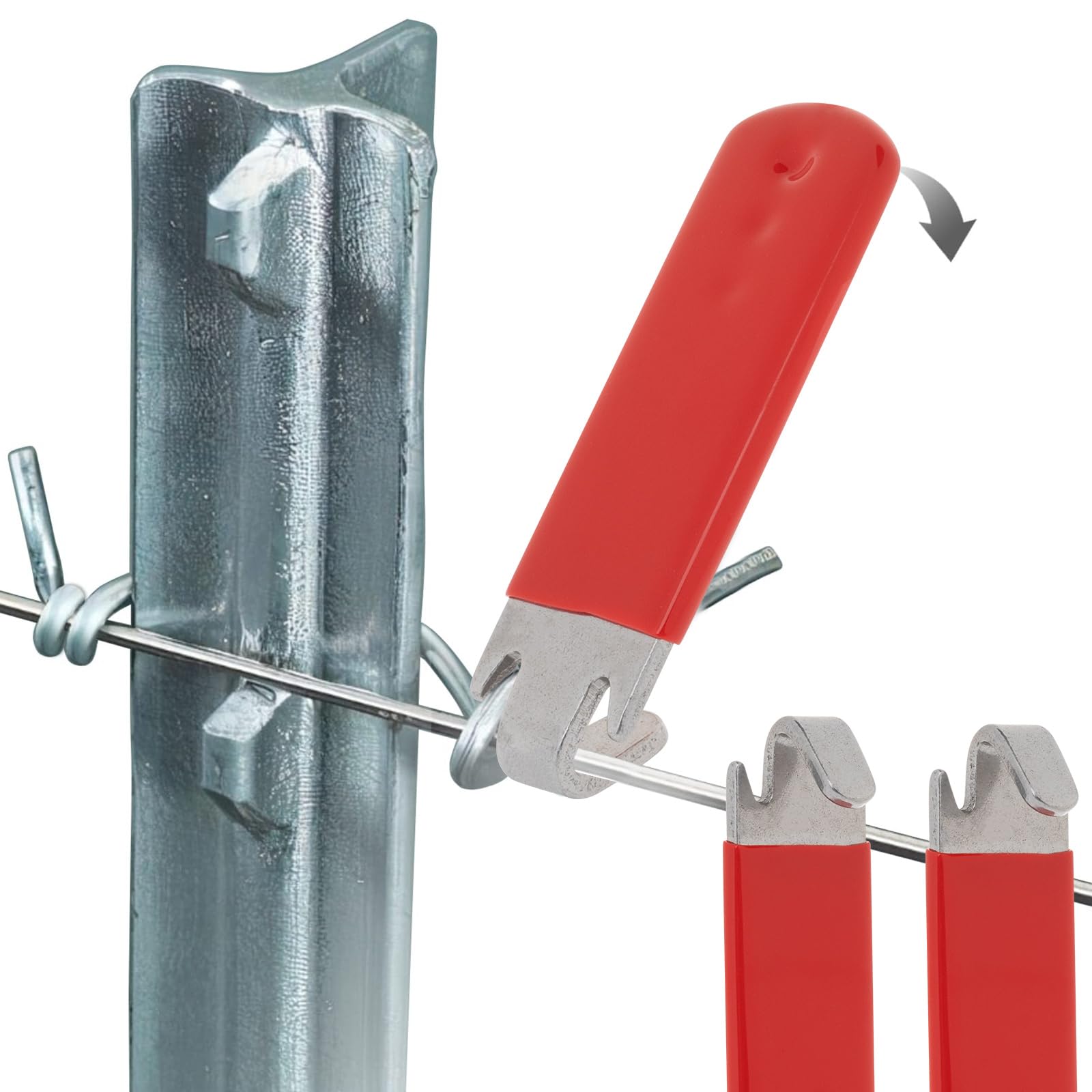 Jikbeed T-Post Clip Tool with red handle closeup for quick, secure clips