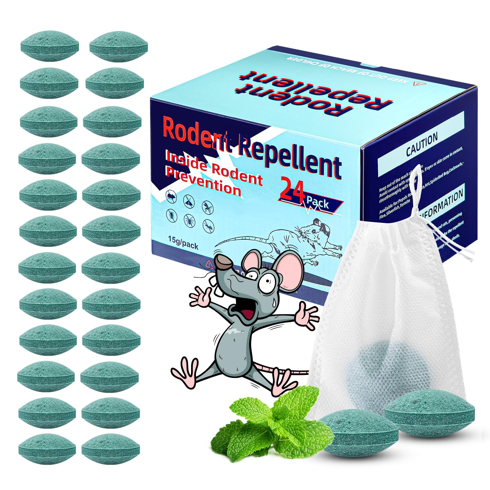 Jin&Co mouse repellent packaging shows a 24-pack plant-based protection
