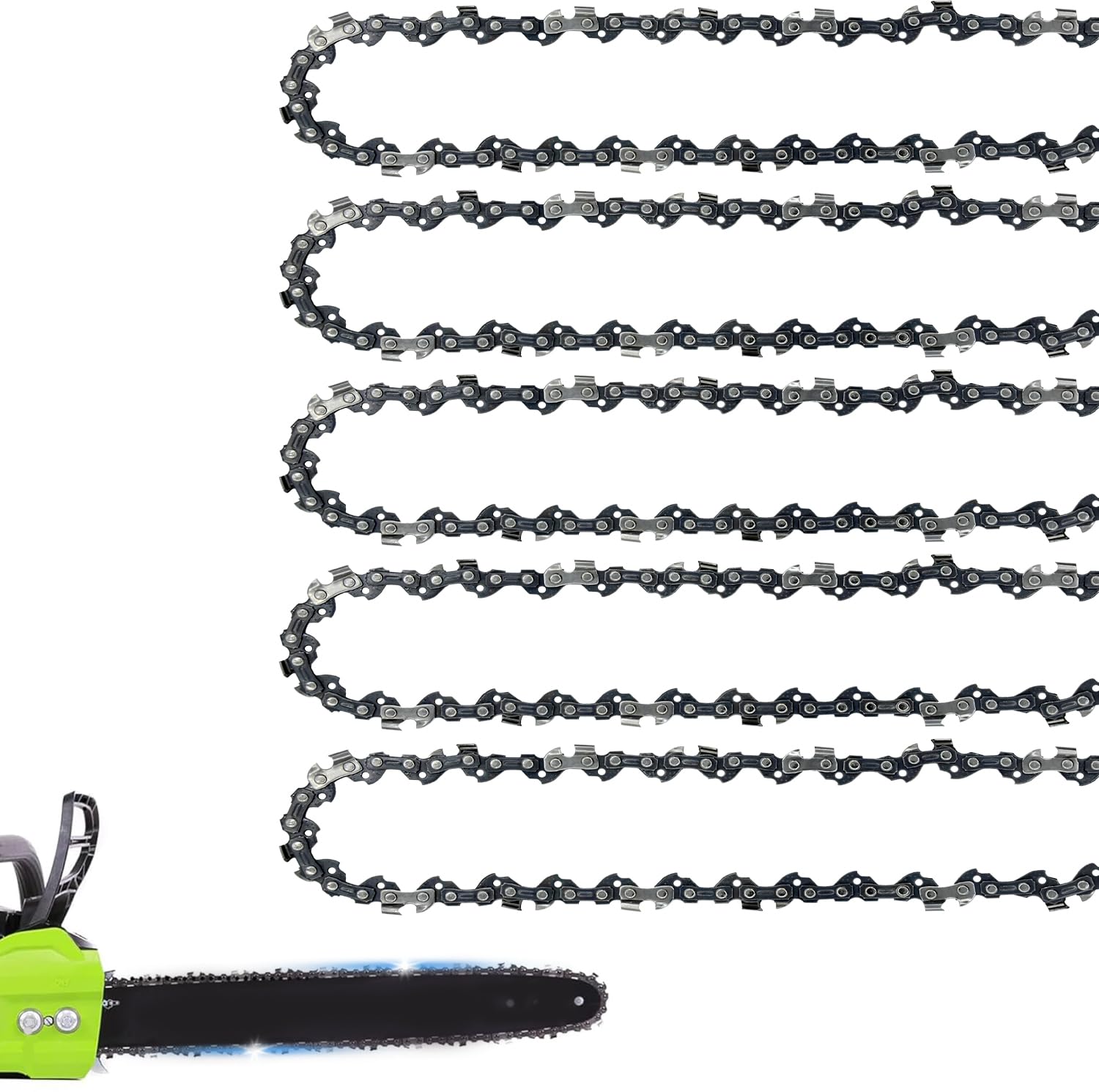 JINFFR 5-pack 14-inch chain with 52 drive links ready for quick replacement.