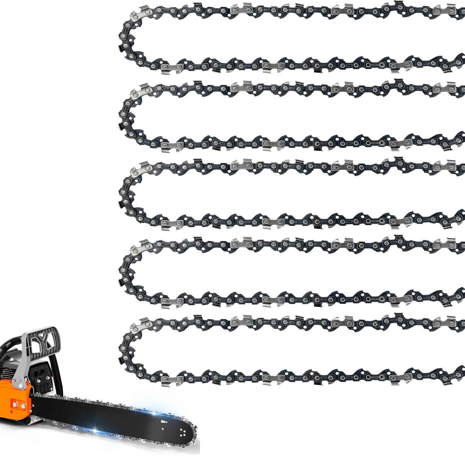 JINFFR 5-pack 8-inch chain with 33 drive links for quick replacement.