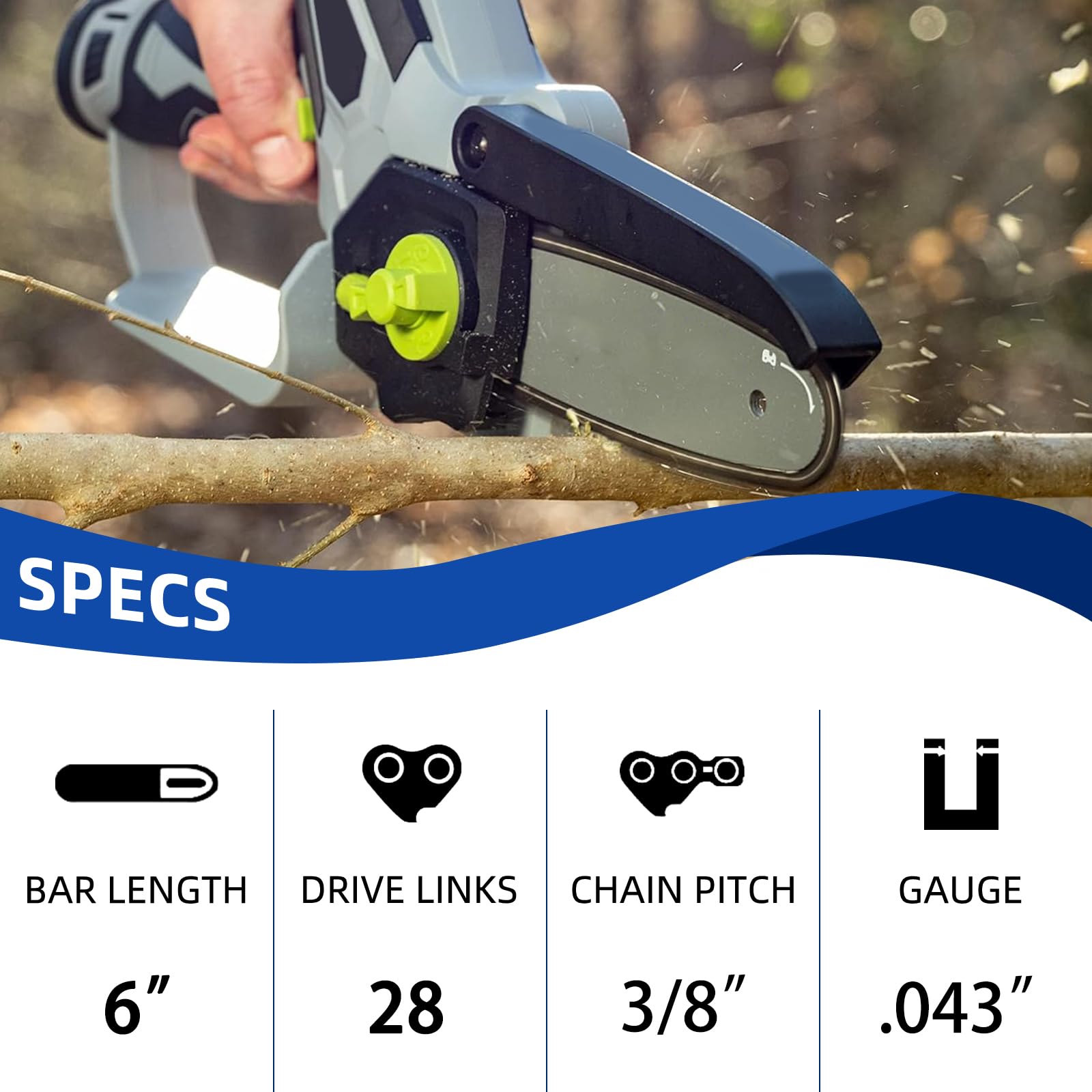 JINFFR 6-inch chain close-up shows teeth engineered for efficient pruning