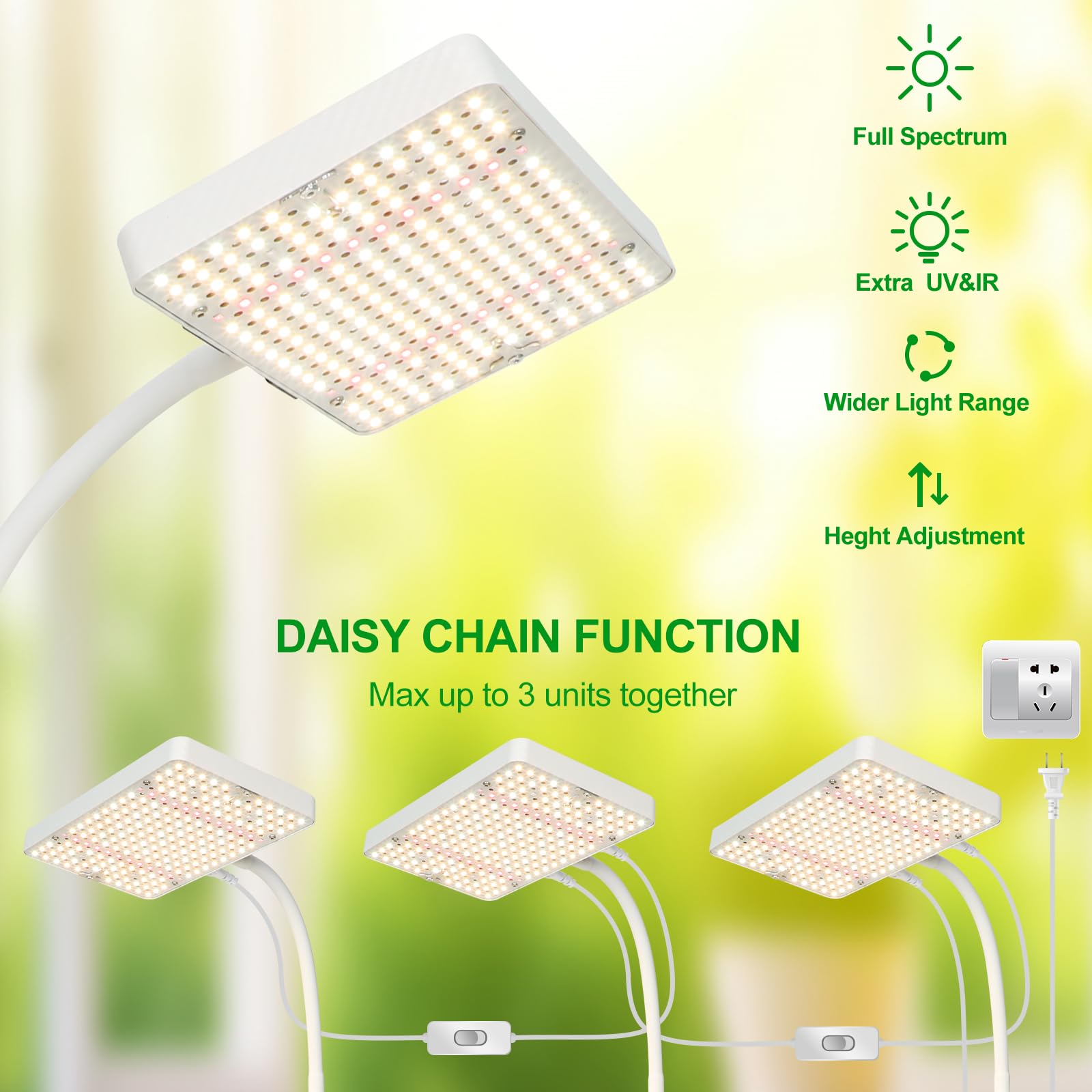 JINHONGTO Desk Grow Light connected via daisy chain for multiple fixtures from one outlet.