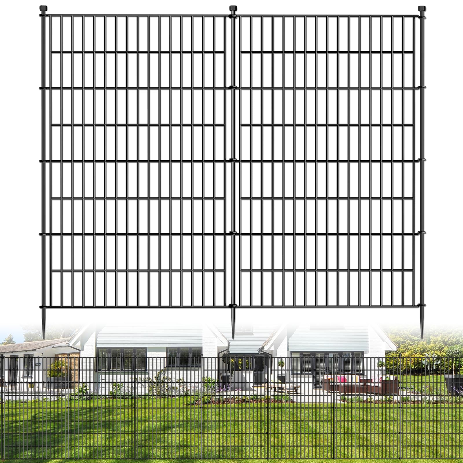 Jinligogo 5-panel no-dig fence front view, decorative spear-top design for yard borders and pet containment.