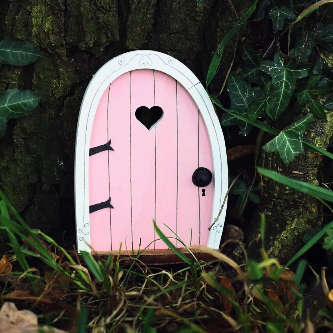 Jinshining Pink Streak fairy door on bonsai elevates micro landscape appeal.