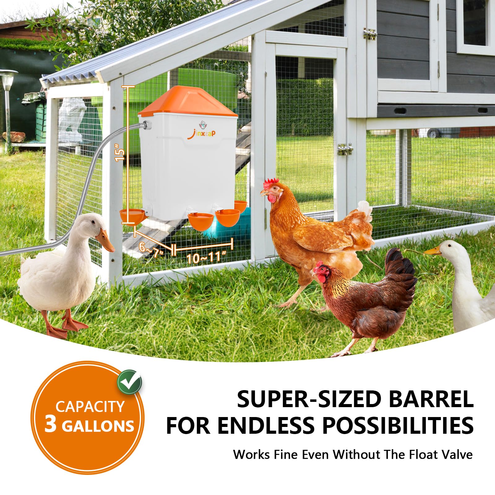3-gallon capacity from JinxZap hydrates many birds between fills