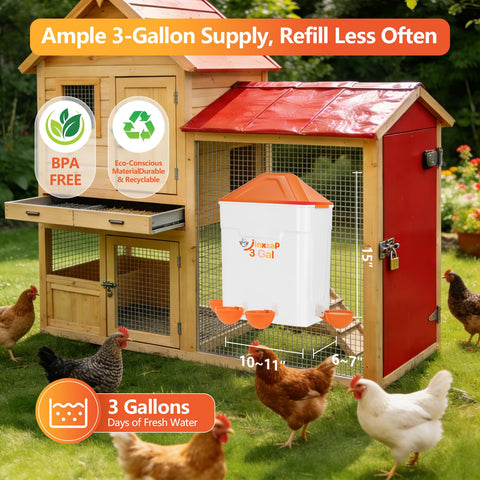JinxZap 3-gallon waterer with cups provides consistent hydration for active flocks.
